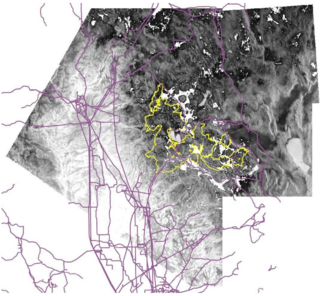 black and white topographical map of study area with purple lines illustrating the power lines