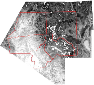 black and white topographical map of study area with red lines outlining counties boundaries