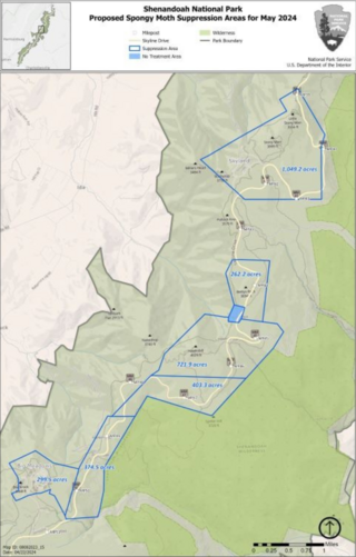 Map of Shenandoah National Park Proposed Spongy Moth Suppression Areas for May 2024