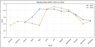 Line graph of monthly mean NDVI : 2023 vs 2024. 2023 is a blue line starting at March, going up from 0.4 to 0.8 in May, plateauing with a slight downward curve until October and then going back down to under 0.6 in November and slight increase in December. Orange line is 2024, hovering around 0.4 from January until May, jumping to 0.8 in June, with a gradual decrease to 0.4 in November and slight increase in December. 